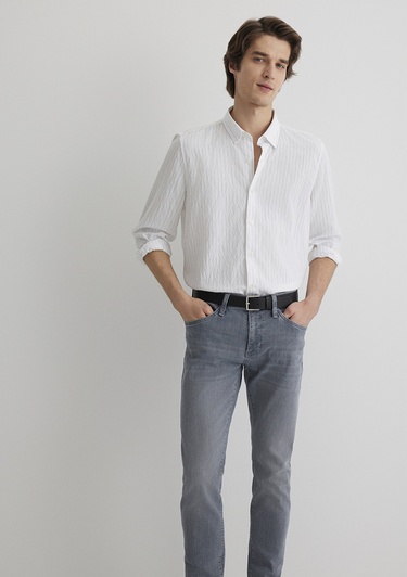 Mavi Çizgili Modal Beyaz Gömlek Regular Fit / Normal Kesim 0211446-900