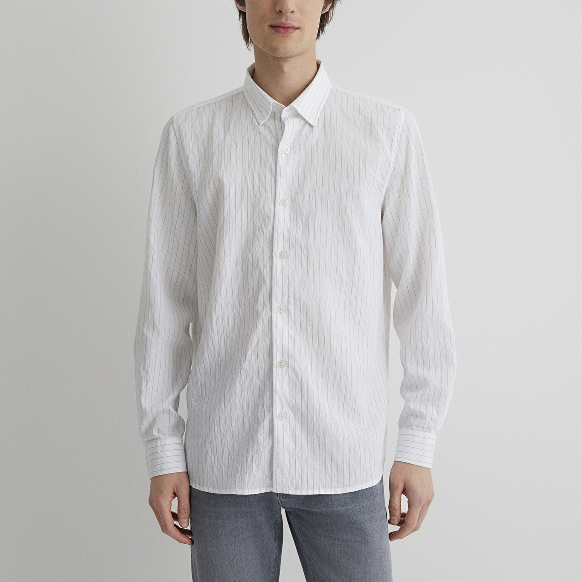 Mavi Çizgili Modal Beyaz Gömlek Regular Fit / Normal Kesim 0211446-900