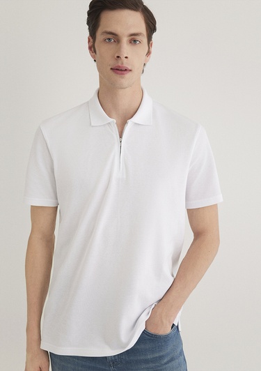  Mavi Yarı Fermuarlı Beyaz Polo Tişört Regular Fit / Normal Kesim 0612525-620