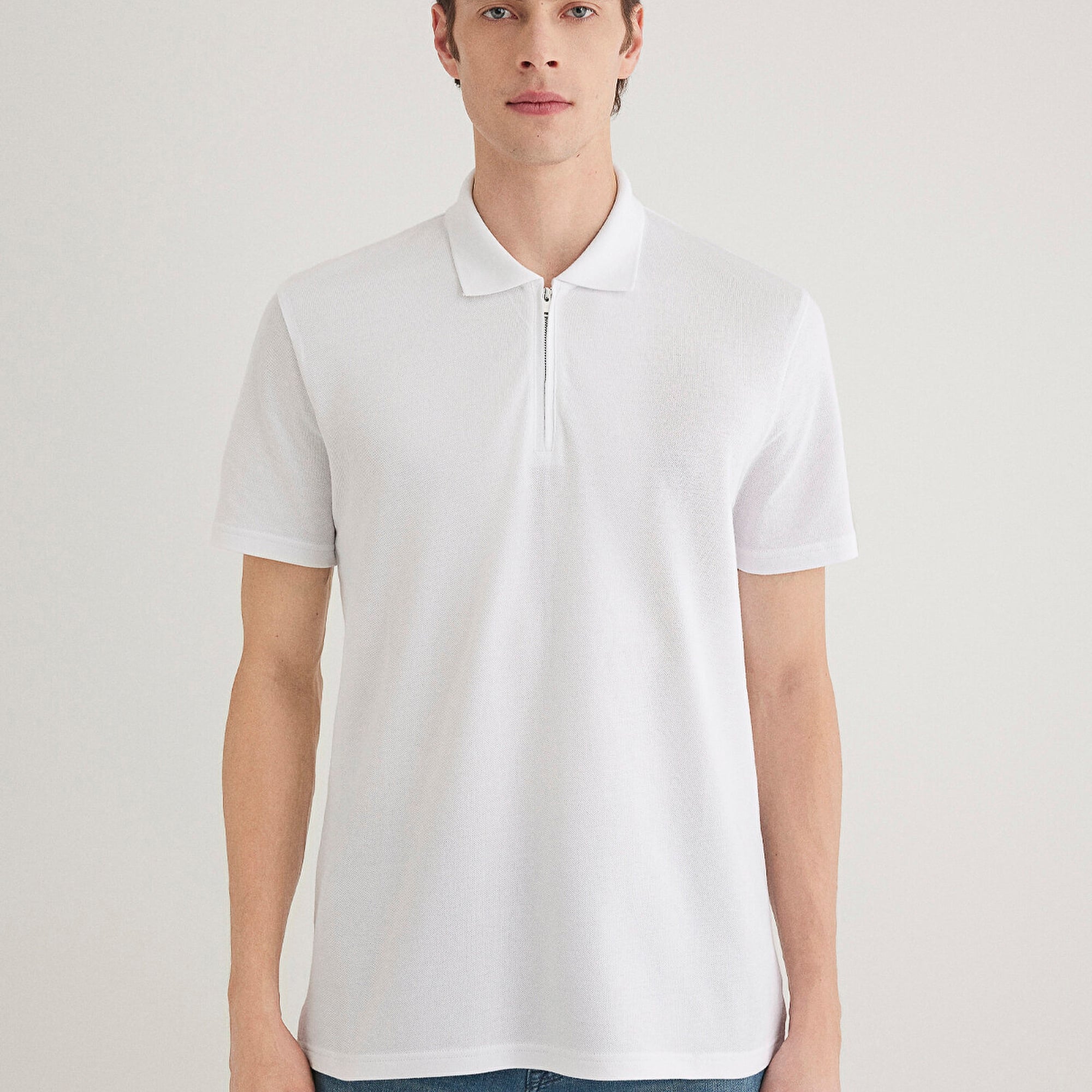 Mavi Yarı Fermuarlı Beyaz Polo Tişört Regular Fit / Normal Kesim 0612525-620