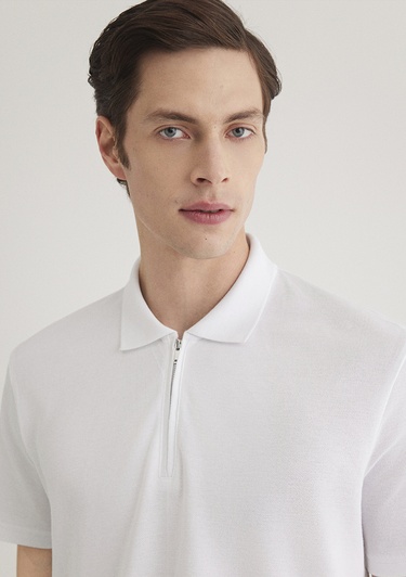  Mavi Yarı Fermuarlı Beyaz Polo Tişört Regular Fit / Normal Kesim 0612525-620