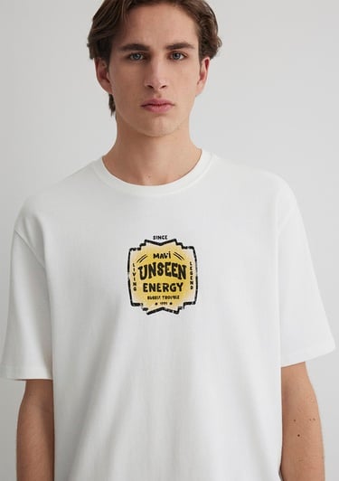  Mavi Sırt Baskılı Beyaz Tişört Loose Fit / Bol Rahat Kesim 0612455-80194