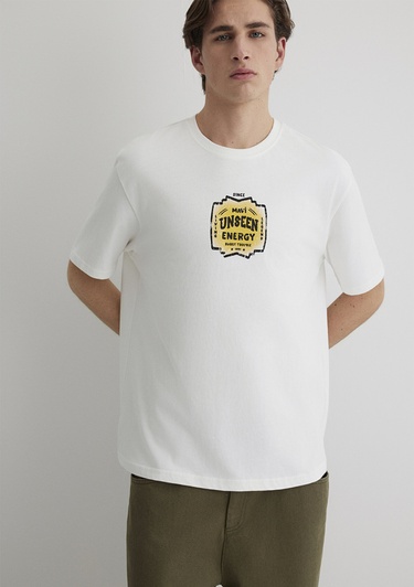  Mavi Sırt Baskılı Beyaz Tişört Loose Fit / Bol Rahat Kesim 0612455-80194