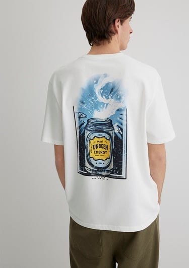  Mavi Sırt Baskılı Beyaz Tişört Loose Fit / Bol Rahat Kesim 0612455-80194