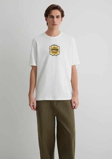  Mavi Sırt Baskılı Beyaz Tişört Loose Fit / Bol Rahat Kesim 0612455-80194