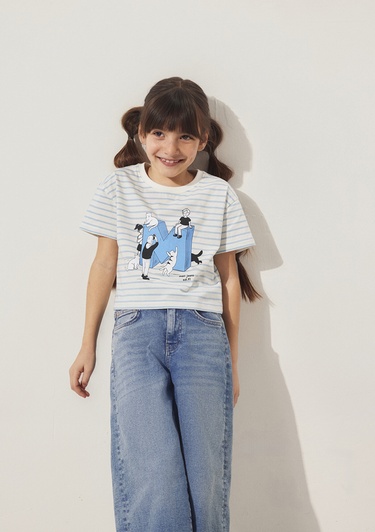  Mavi M Logo Baskılı Mavi Çizgili Tişört Loose Fit / Bol Rahat Kesim 7610285-83766