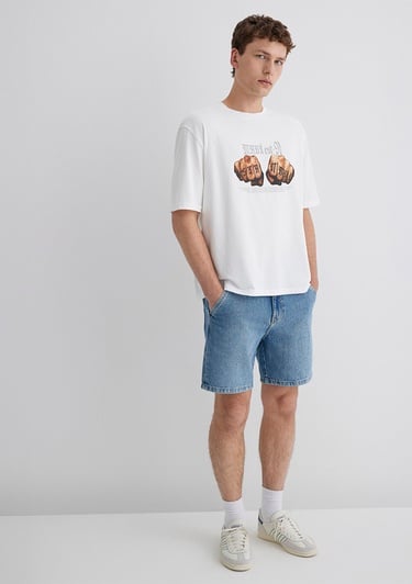  Mavi Baskılı Ekru Tişört Relaxed Fit / Rahat Kesim 0613003-70057