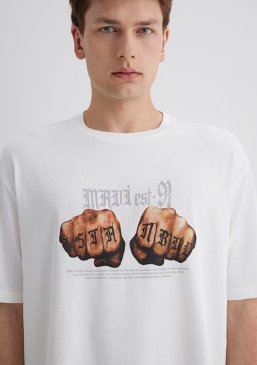  Mavi Baskılı Ekru Tişört Relaxed Fit / Rahat Kesim 0613003-70057