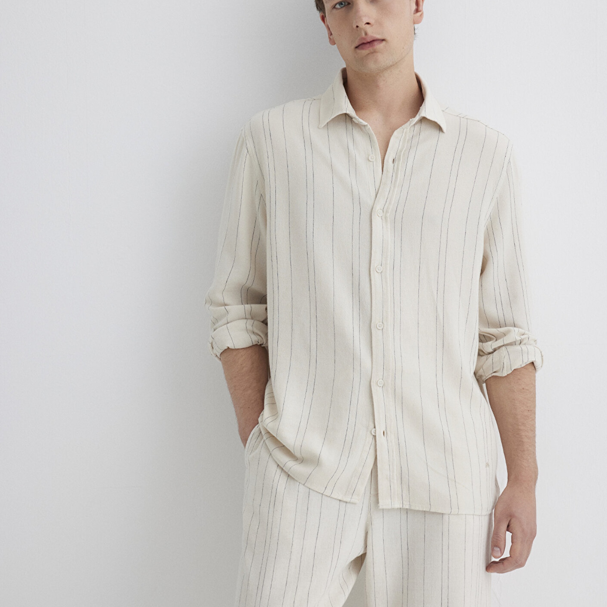 Mavi Keten Karışımlı Çizgili Bej Gömlek Regular Fit / Normal Kesim 0211617-83884