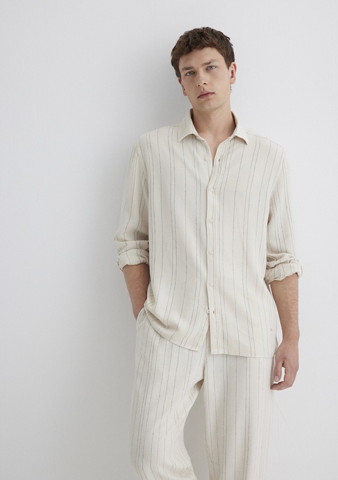  Mavi Keten Karışımlı Çizgili Bej Gömlek Regular Fit / Normal Kesim 0211617-83884