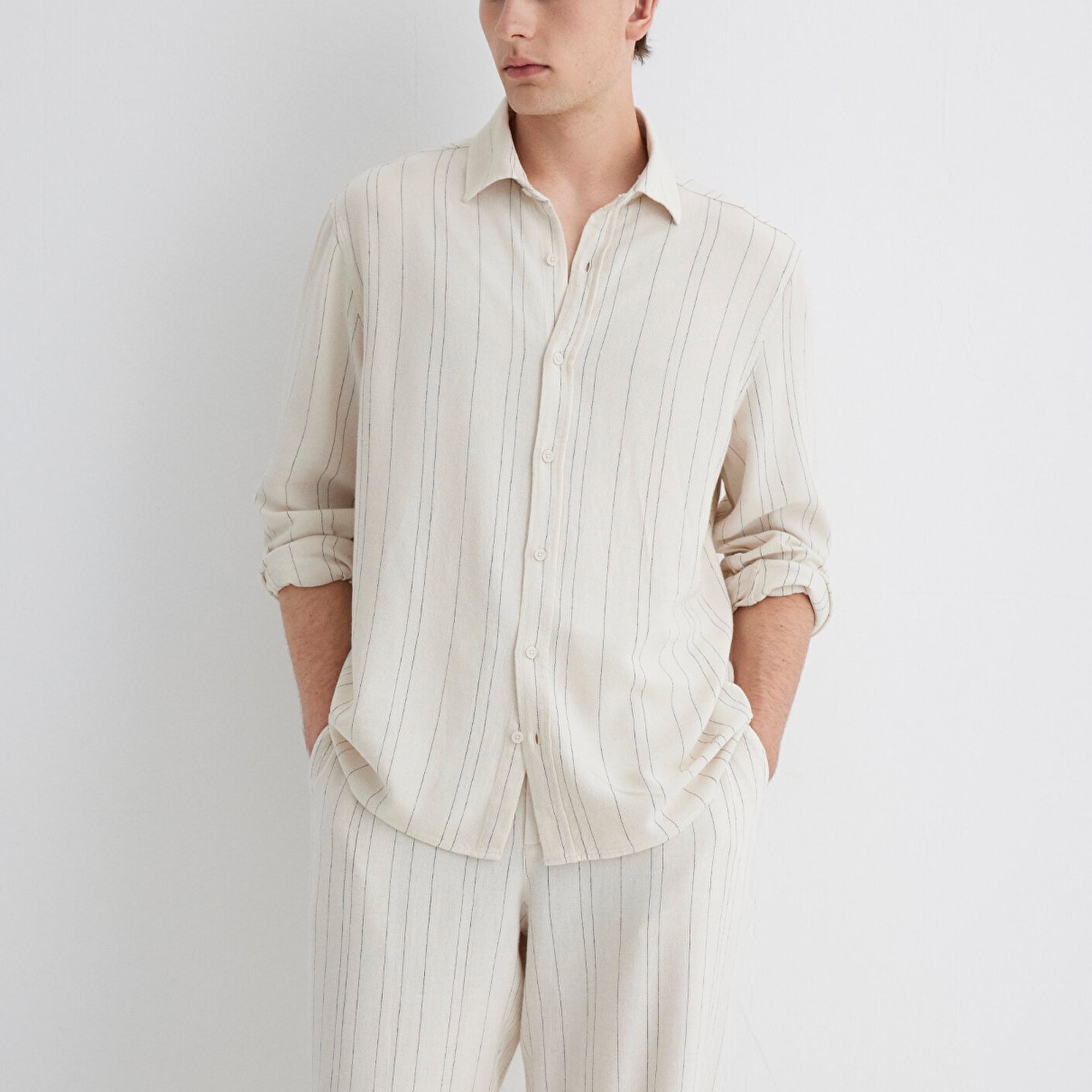 Mavi Keten Karışımlı Çizgili Bej Gömlek Regular Fit / Normal Kesim 0211617-83884