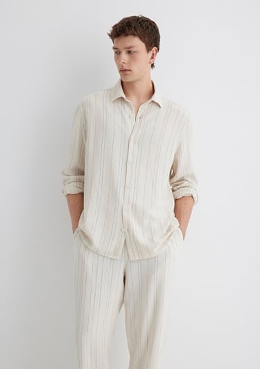  Mavi Keten Karışımlı Çizgili Bej Gömlek Regular Fit / Normal Kesim 0211617-83884