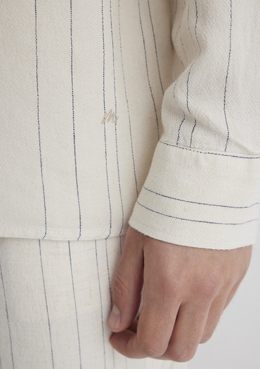  Mavi Keten Karışımlı Çizgili Bej Gömlek Regular Fit / Normal Kesim 0211617-83884