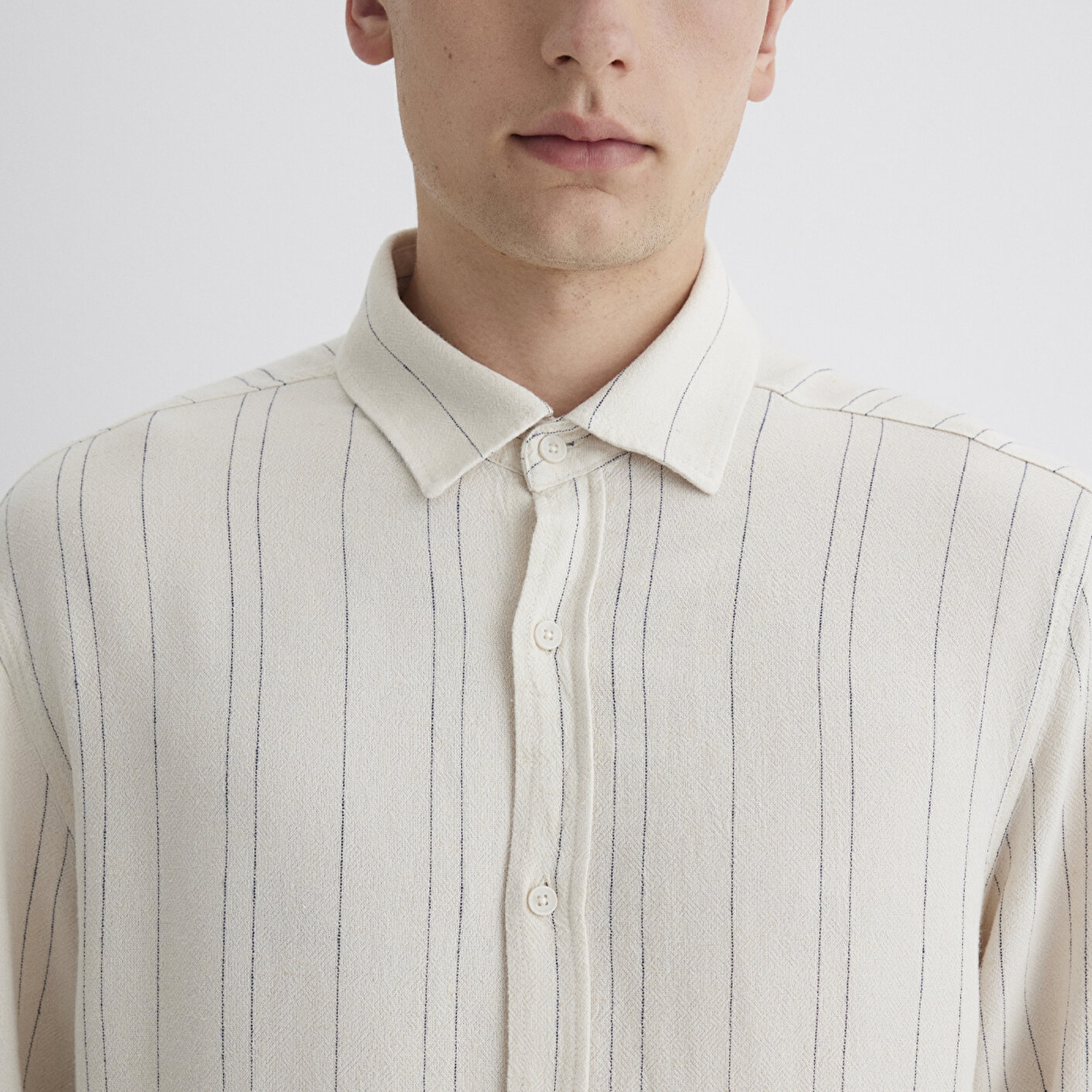 Mavi Keten Karışımlı Çizgili Bej Gömlek Regular Fit / Normal Kesim 0211617-83884