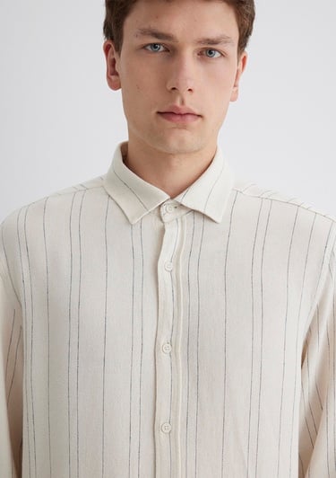  Mavi Keten Karışımlı Çizgili Bej Gömlek Regular Fit / Normal Kesim 0211617-83884