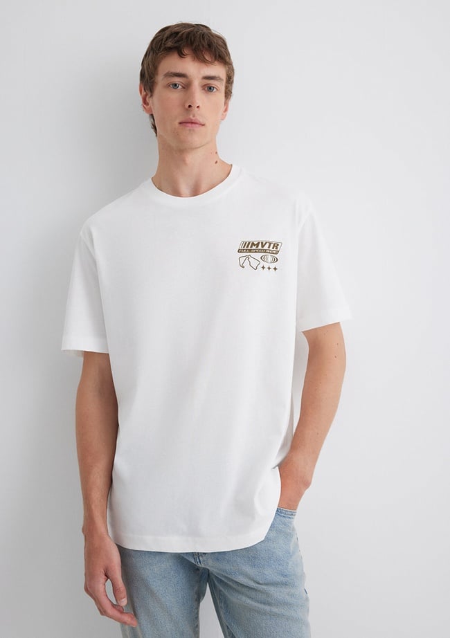  Mavi Baskılı Beyaz Tişört Loose Fit / Bol Rahat Kesim 0613032-70057