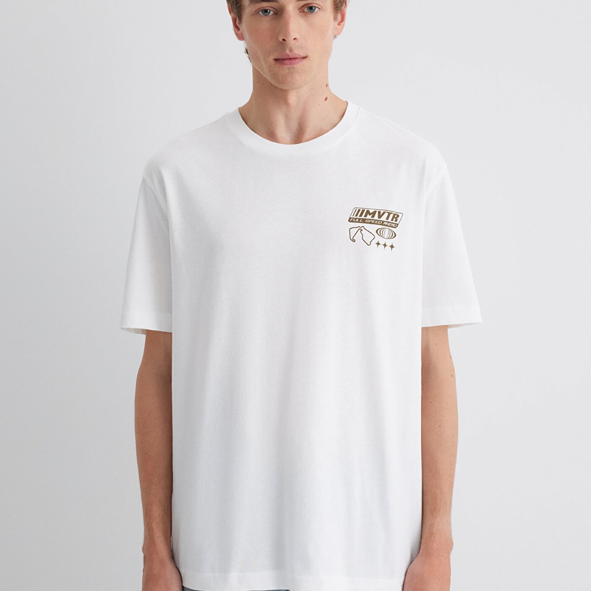 Mavi Baskılı Beyaz Tişört Loose Fit / Bol Rahat Kesim 0613032-70057