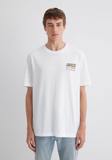  Mavi Baskılı Beyaz Tişört Loose Fit / Bol Rahat Kesim 0613032-70057