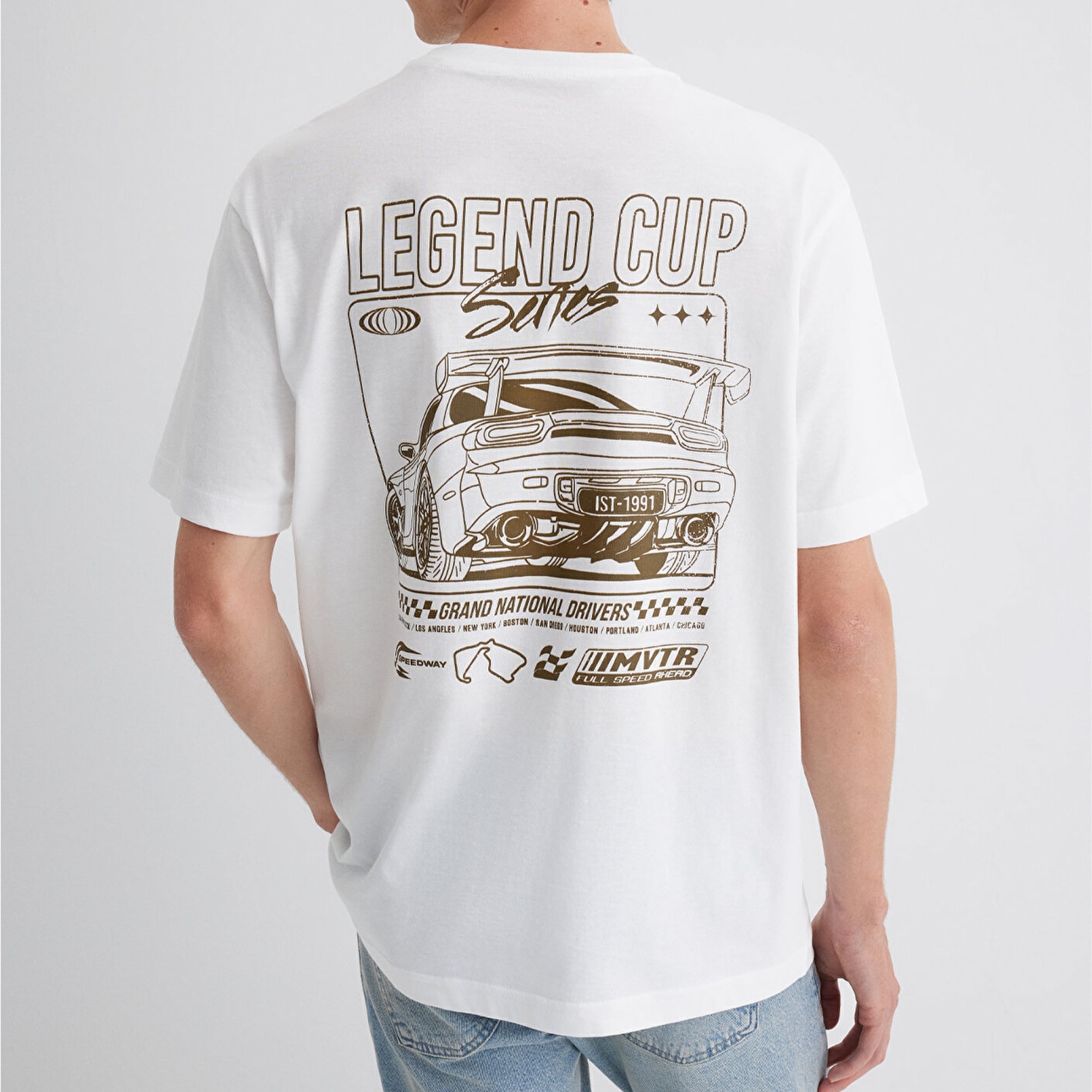 Mavi Baskılı Beyaz Tişört Loose Fit / Bol Rahat Kesim 0613032-70057