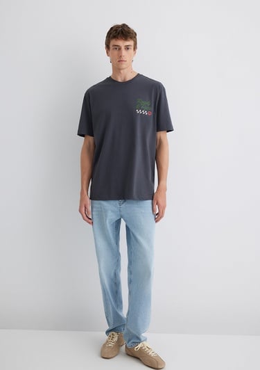  Mavi Baskılı Antrasit Tişört Loose Fit / Bol Rahat Kesim 0613031-80106