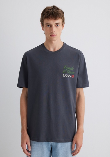  Mavi Baskılı Antrasit Tişört Loose Fit / Bol Rahat Kesim 0613031-80106