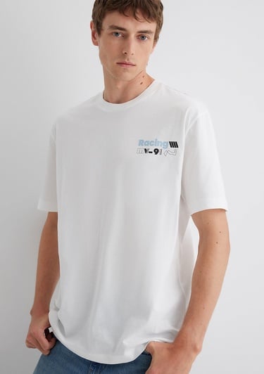  Mavi Baskılı Ekru Tişört Loose Fit / Bol Rahat Kesim 0613033-70057