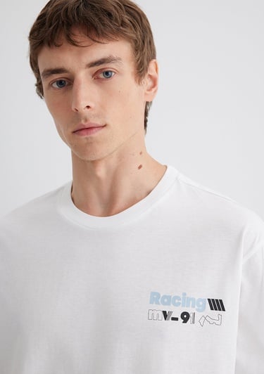  Mavi Baskılı Ekru Tişört Loose Fit / Bol Rahat Kesim 0613033-70057