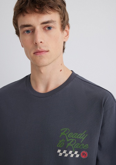  Mavi Baskılı Antrasit Tişört Loose Fit / Bol Rahat Kesim 0613031-80106