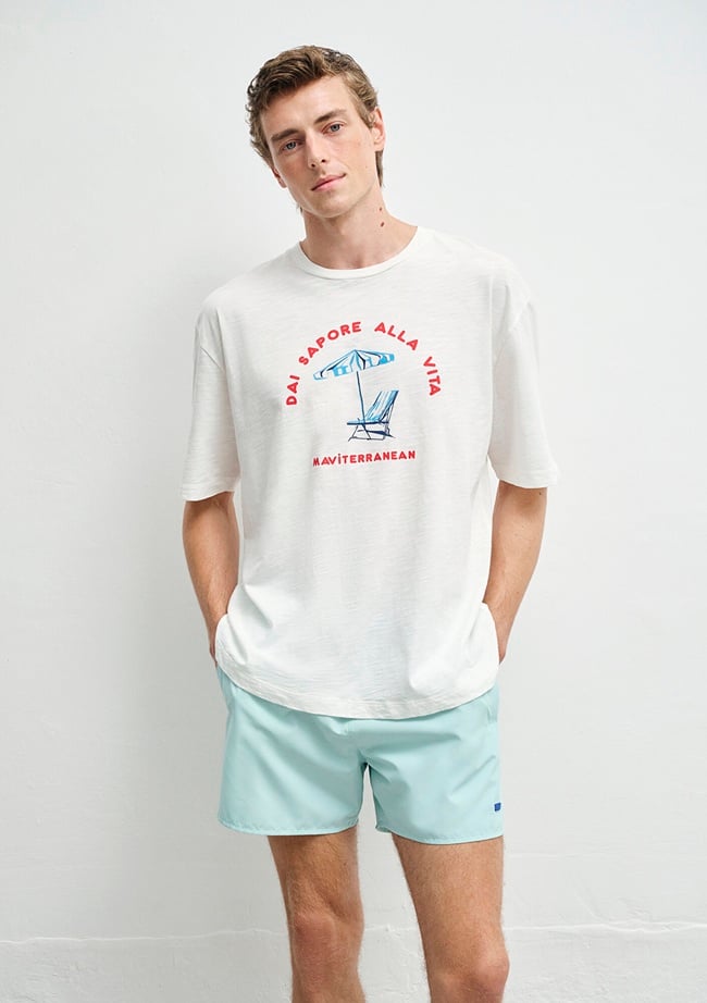  Mavi Baskılı Beyaz Tişört Relaxed Fit / Rahat Kesim 0612948-70057