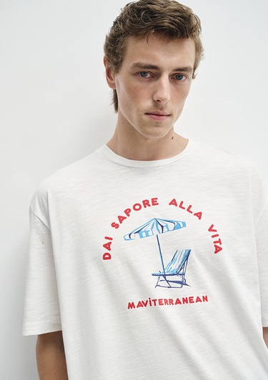  Mavi Baskılı Beyaz Tişört Relaxed Fit / Rahat Kesim 0612948-70057