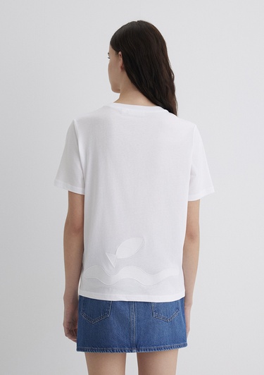  Mavi Nakış Detaylı Beyaz Tişört Loose Fit / Bol Rahat Kesim 1613432-620