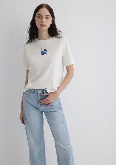  Mavi Nazar Boncuğu Baskılı Beyaz Tişört Regular Fit / Normal Kesim 1613444-70057