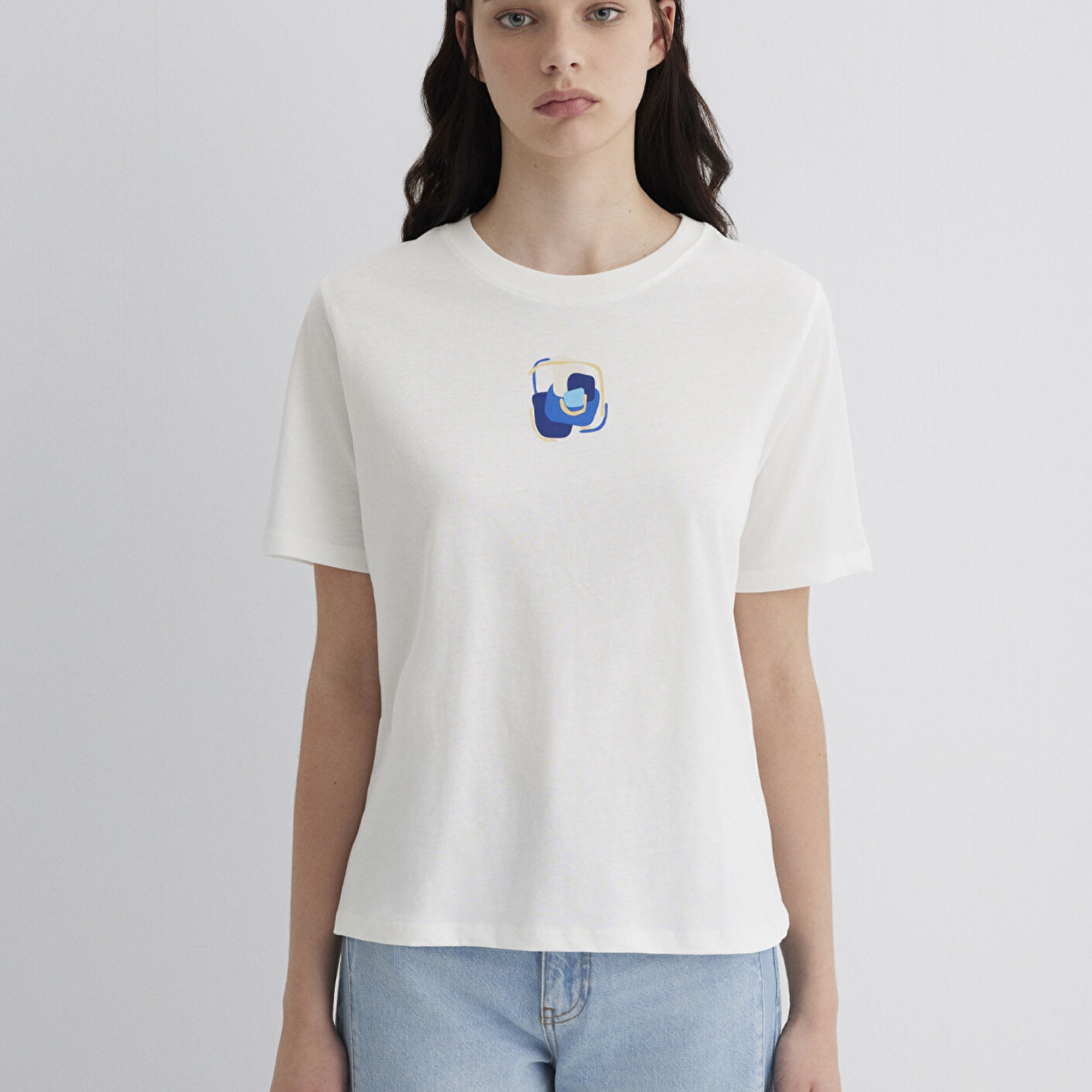 Mavi Nazar Boncuğu Baskılı Beyaz Tişört Regular Fit / Normal Kesim 1613444-70057