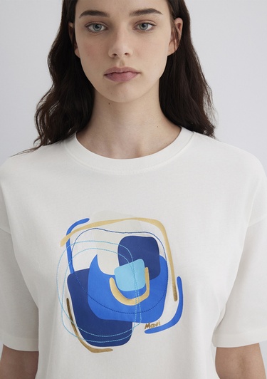  Mavi Nazar Boncuğu Baskılı Beyaz Tişört  1613446-70057