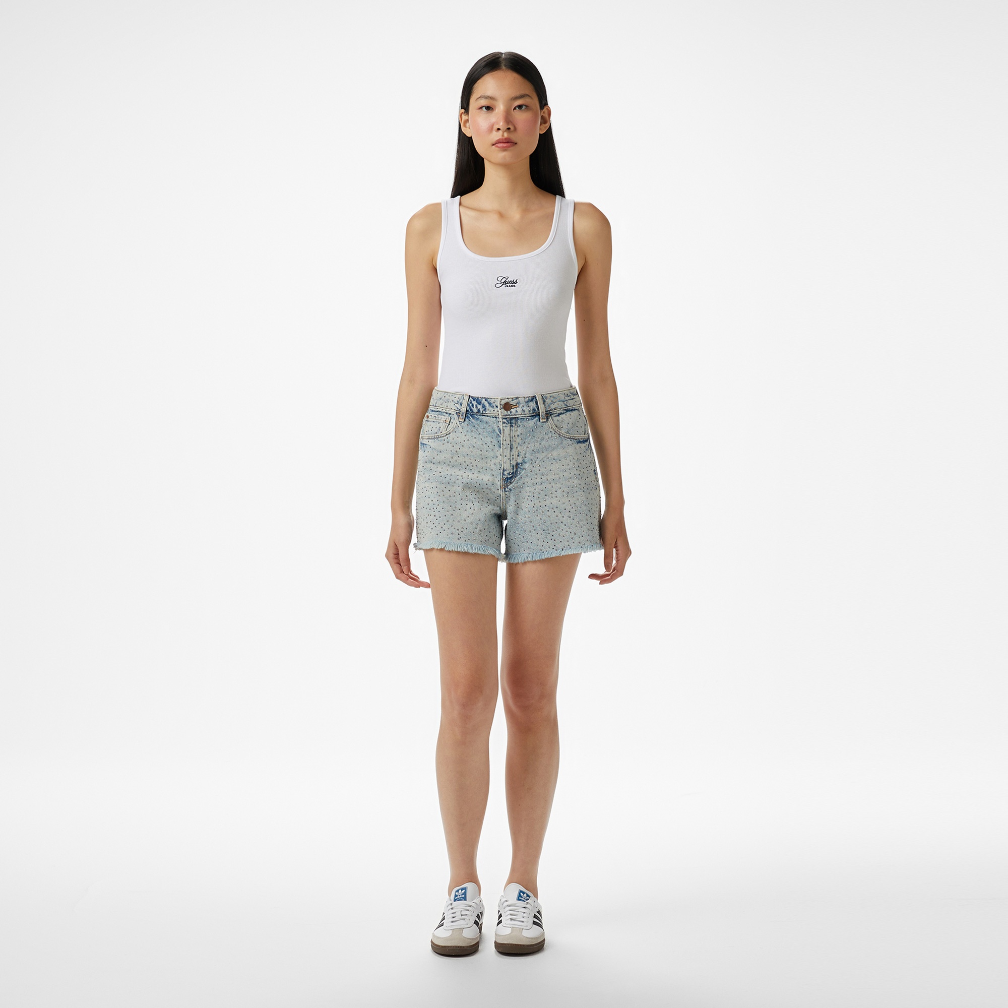 Guess Ribbed Kadın Beyaz Kolsuz T-Shirt