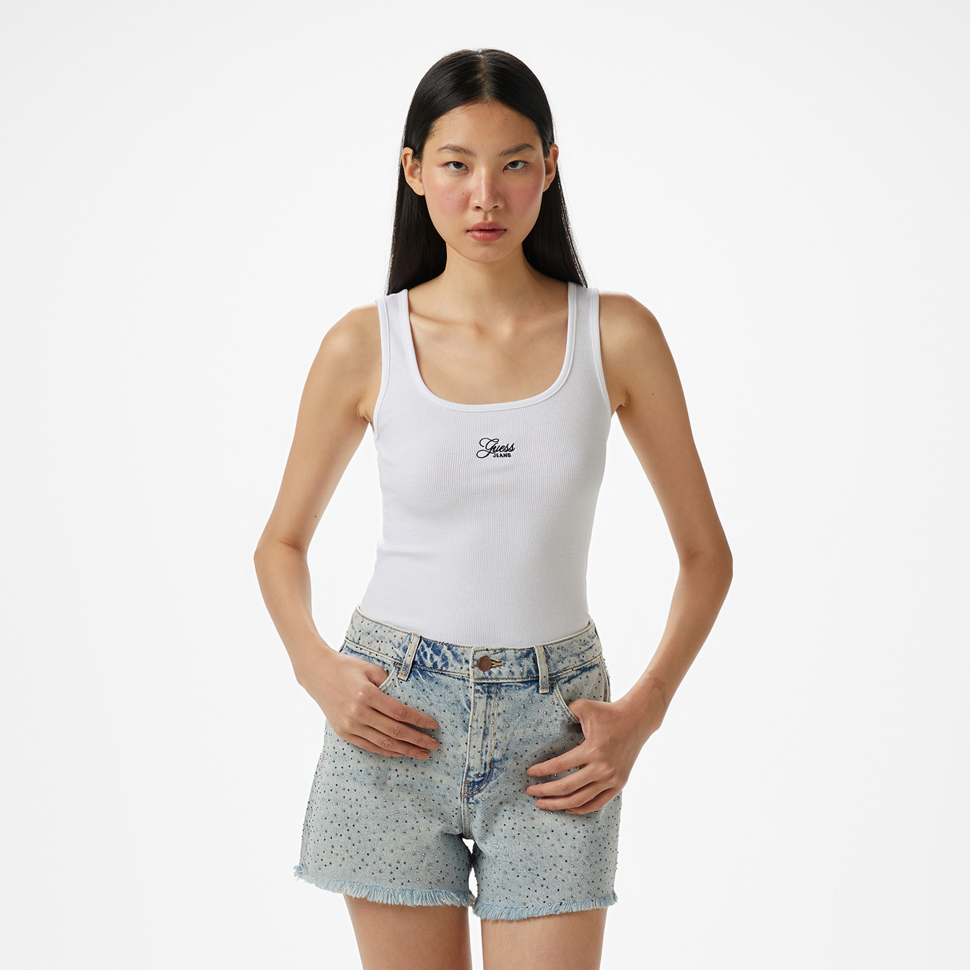 Guess Ribbed Kadın Beyaz Kolsuz T-Shirt