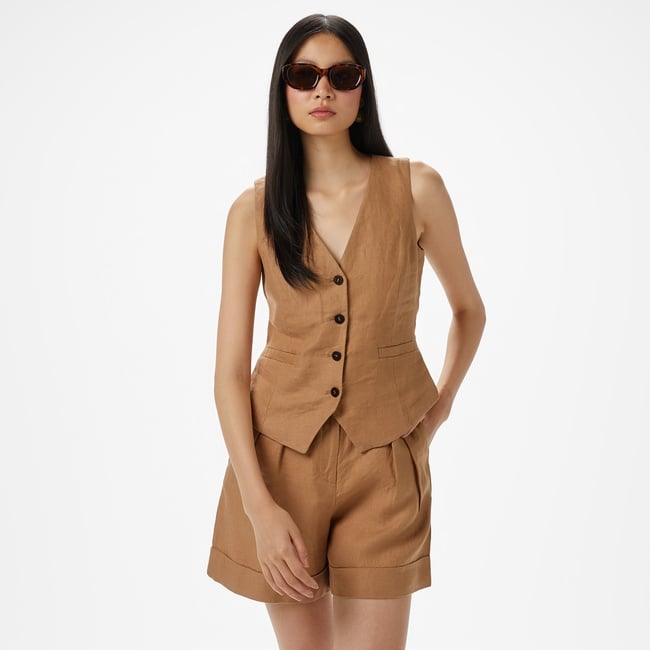  Brooks Brothers Mono Kapama Keten Kadın Kahverengi Yelek