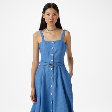  Brooks Brothers %100 Keten Kalın Askılı Midi Boy Yırtmaçlı Kadın Mavi Elbise