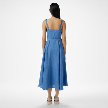  Brooks Brothers %100 Keten Kalın Askılı Midi Boy Yırtmaçlı Kadın Mavi Elbise