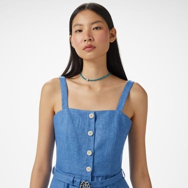  Brooks Brothers %100 Keten Kalın Askılı Midi Boy Yırtmaçlı Kadın Mavi Elbise