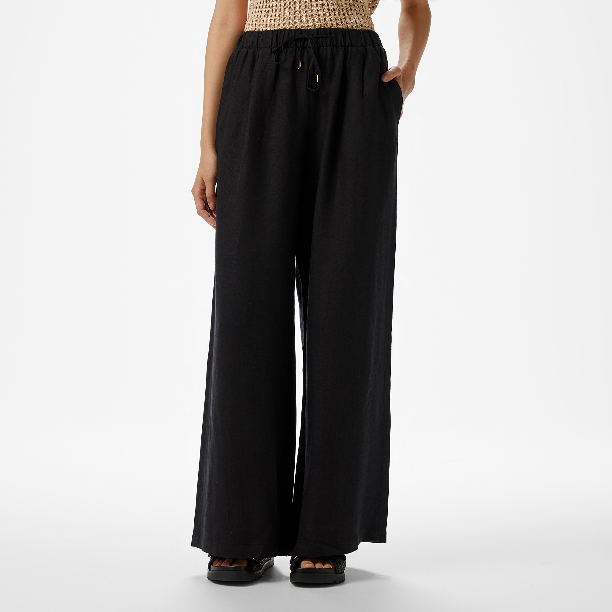 Brooks Brothers %100 Keten Beli Lastikli Kadın Siyah Pantolon