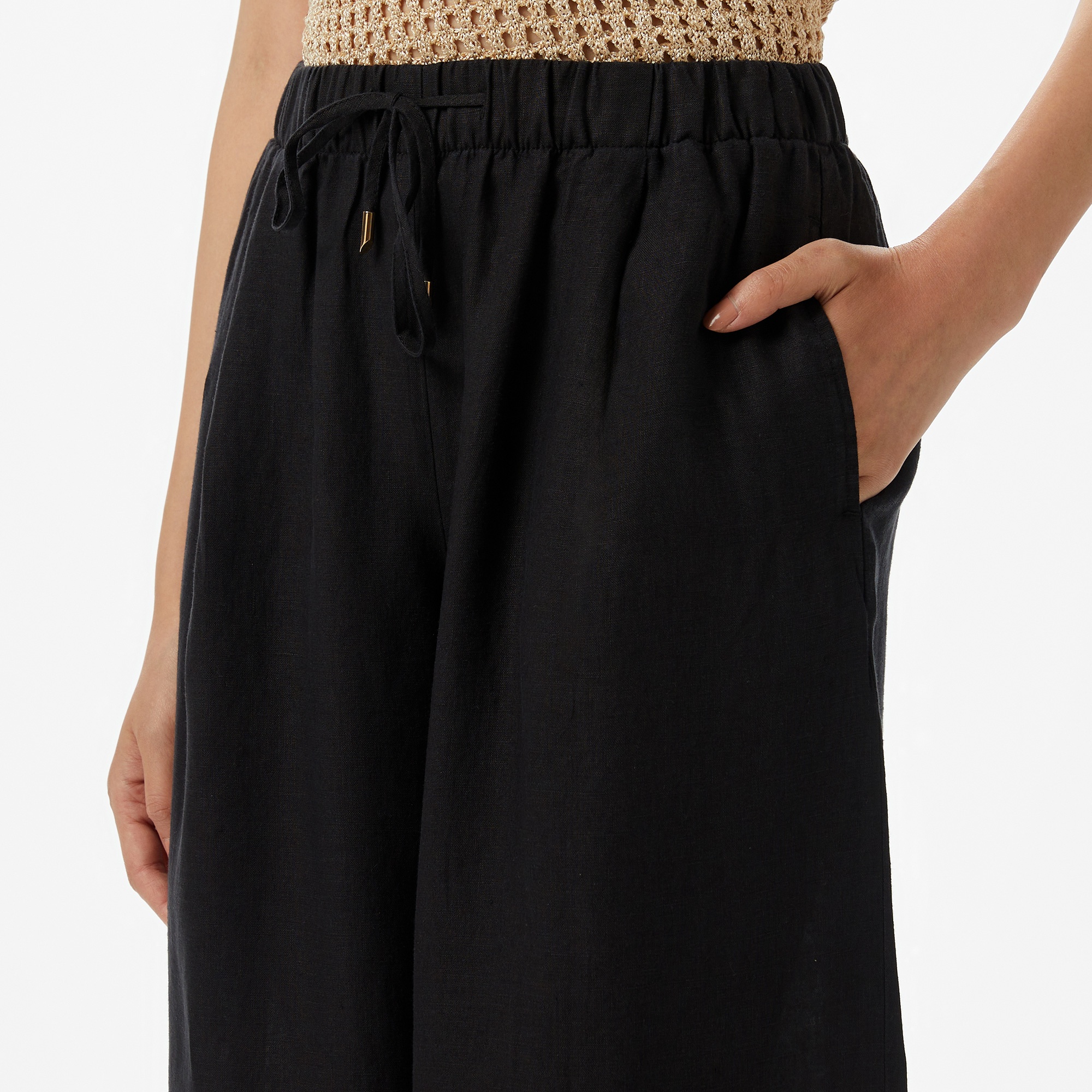 Brooks Brothers %100 Keten Beli Lastikli Kadın Siyah Pantolon