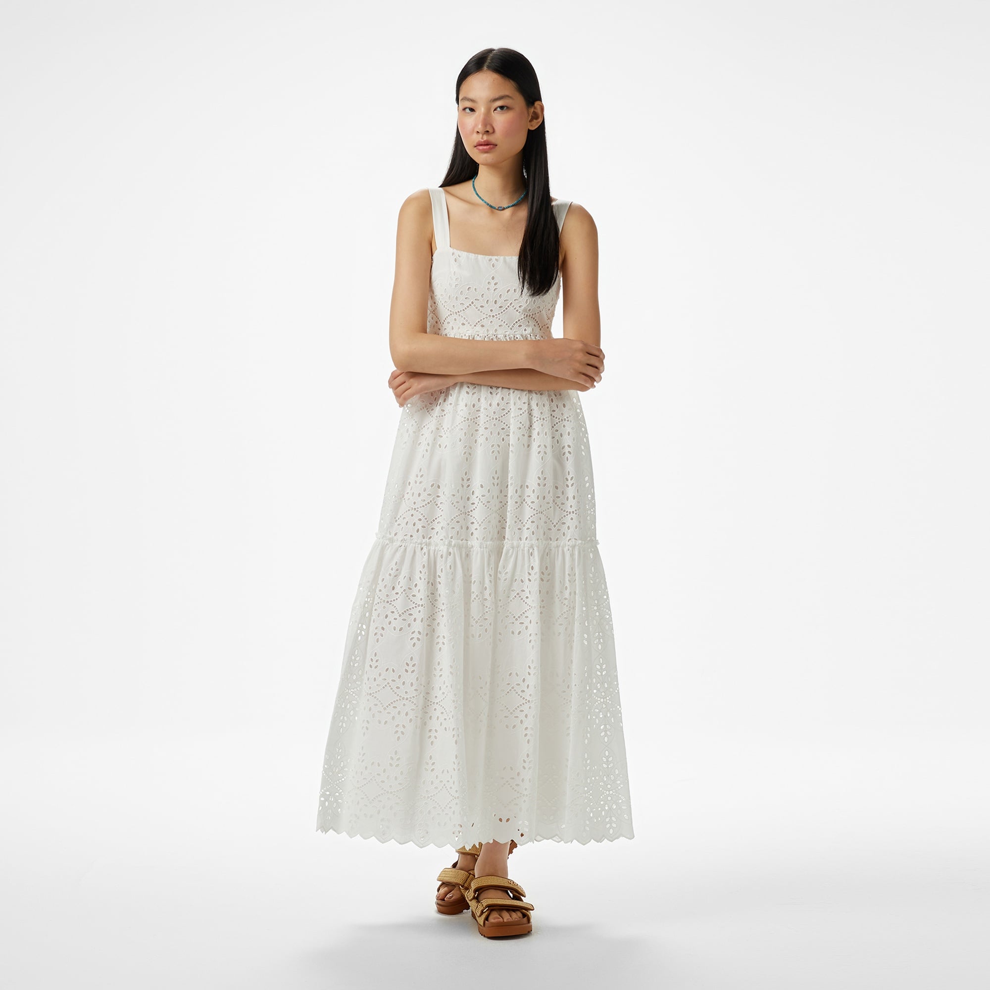 Brooks Brothers Askılı Brode Kadın Beyaz Elbise