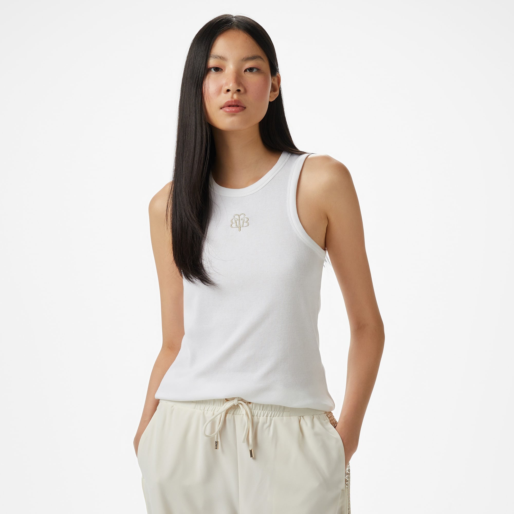 Brooks Brothers Palmiye Logo Nakışlı Kadın Beyaz Kolsuz T-Shirt