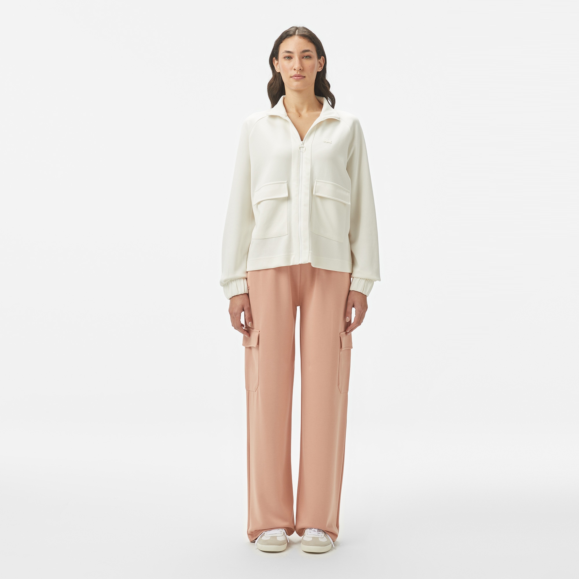 Lacoste Kadın Loose Fit Fermuarlı Beyaz Sweatshirt