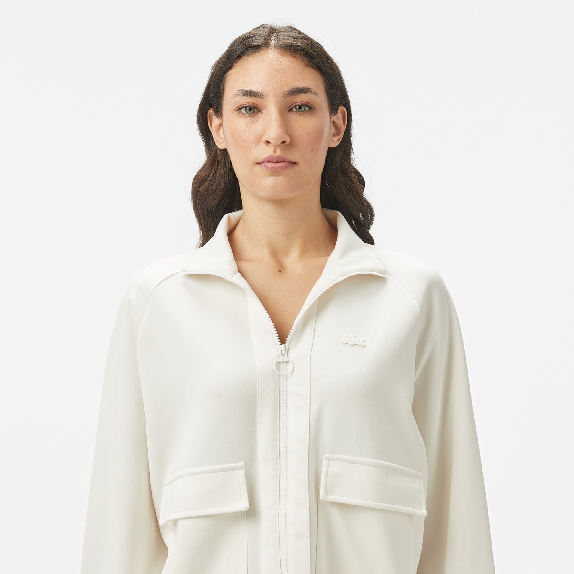 Lacoste Kadın Loose Fit Fermuarlı Beyaz Sweatshirt