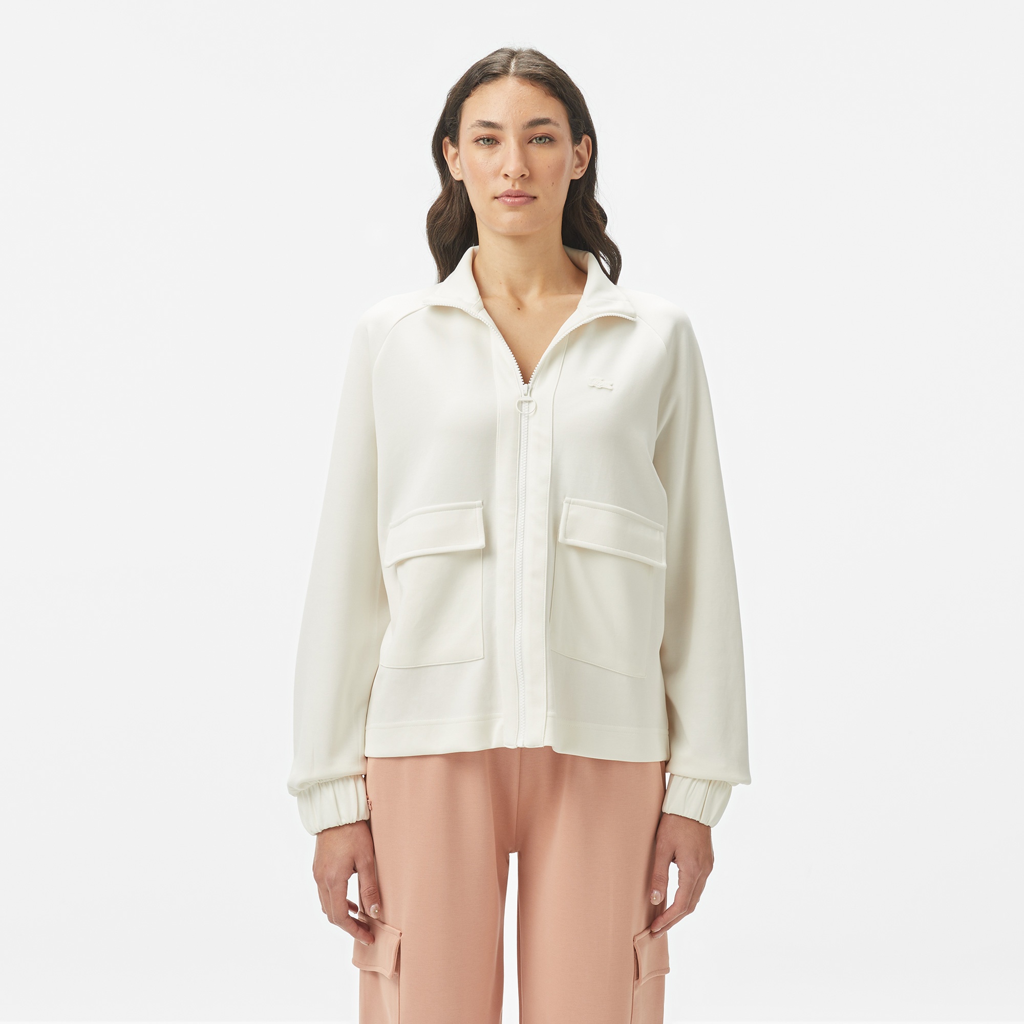 Lacoste Kadın Loose Fit Fermuarlı Beyaz Sweatshirt