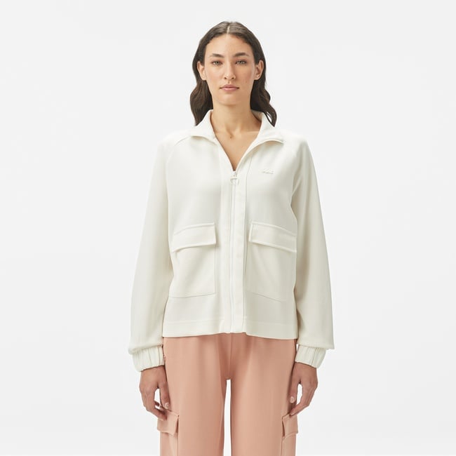  Lacoste Kadın Loose Fit Fermuarlı Beyaz Sweatshirt