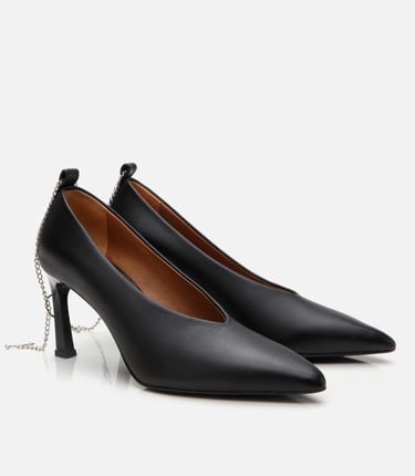  Kadın Deri Siyah Zincir Detaylı Stiletto