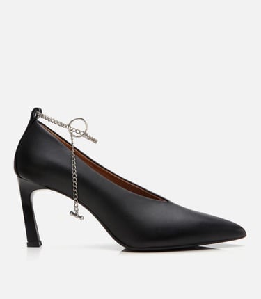  Kadın Deri Siyah Zincir Detaylı Stiletto